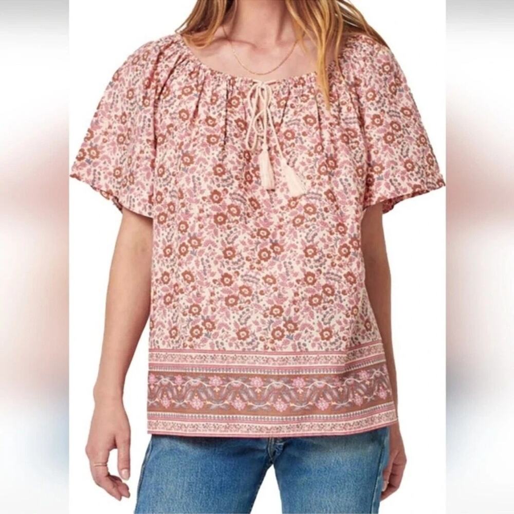 Faherty Womens Pink Florence Floral Organic Cotton Tassel Tie Neck Blouse Medium